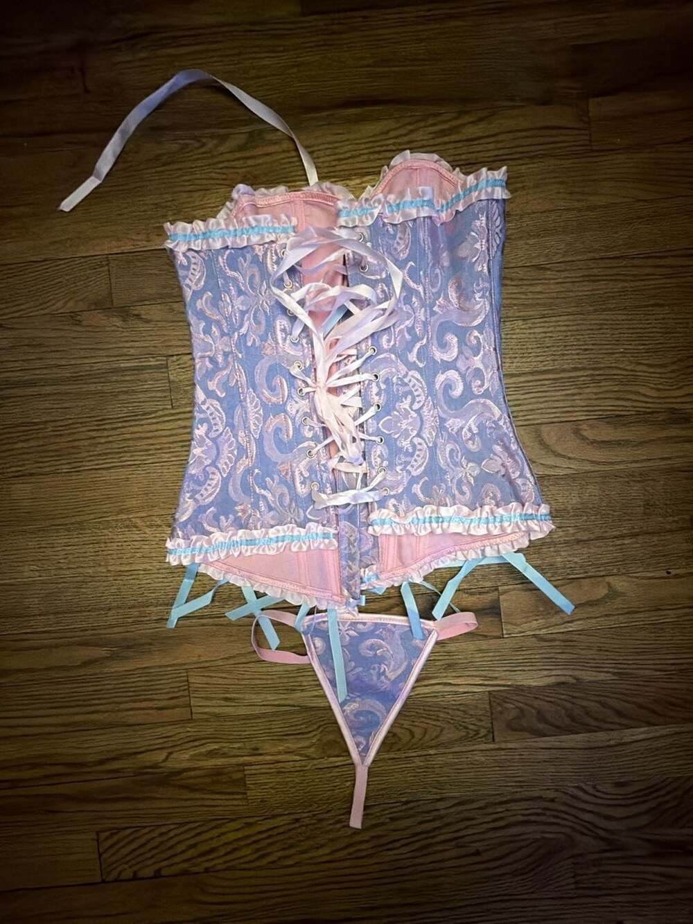 Pink and Purple Lace-Up Overbust Corset Bustier and Thong Set Size XS